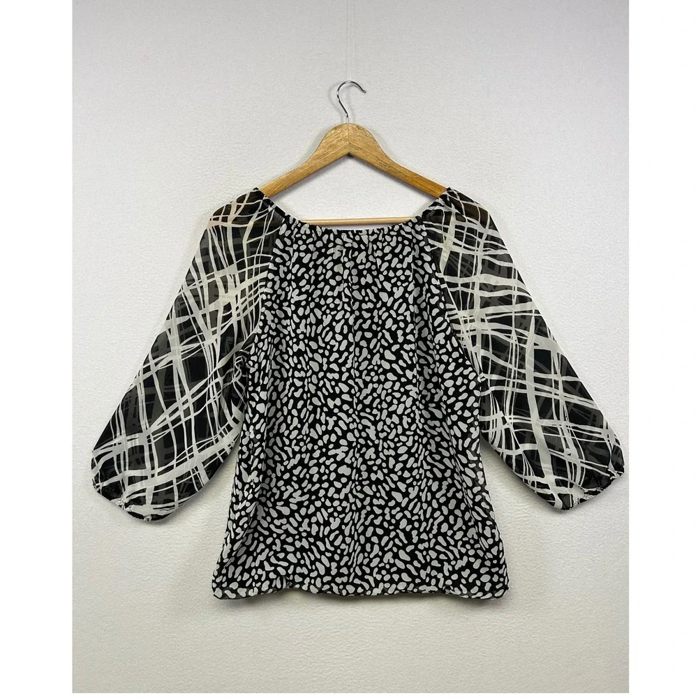 Ann Taylor Mixed Print Abstract Blouse Womens Small Black White 3/4 Sleeve Top